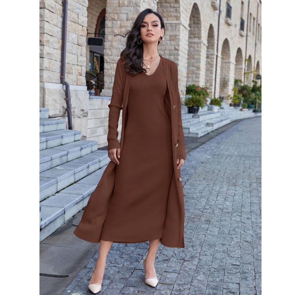 2 Piece Set: Knit Midi Pencil Dress and Long Cardigan Button Through Brown - Picture 8 of 13
